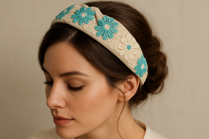 Guipure Turquoise et Écrue 17cm - Dentelle Florale Premium au Mètre