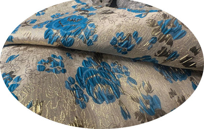 Brocart Floral Turquoise et Doré - Tissu Jacquard Luxe 145 cm