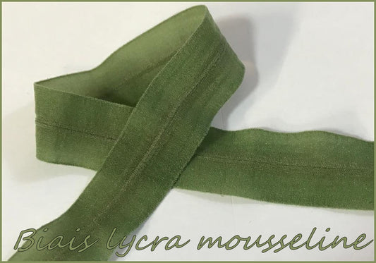 Biais Lycra en mousseline Kaki Mat , ruban pré-plié extensible pour Lingerie Et Customisations de vêtements Elasthanne