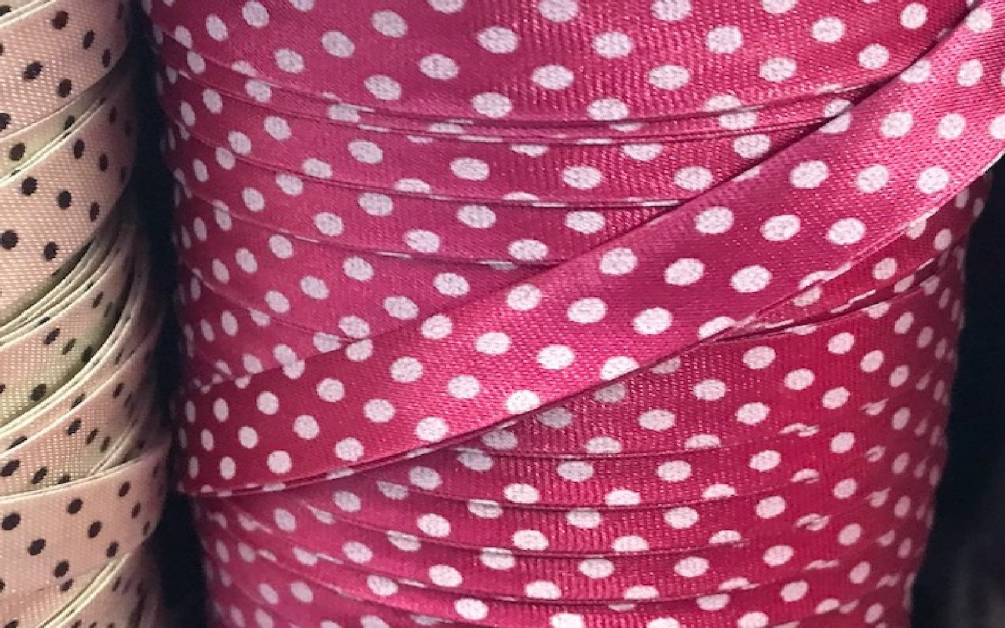 Biais Satin Fuschia A Petit Pois Noir Pour La Couture