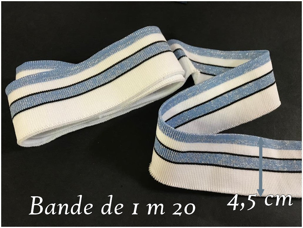 bord-côte blanc et Bleu ciel argenté en tissu jersey : Une touche de style pour vos poignées de manche et bas de blousons"