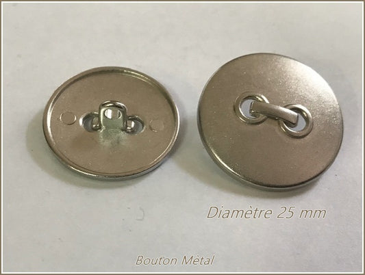 Bouton Argenté Métal Couture Diamètre 25 mm.