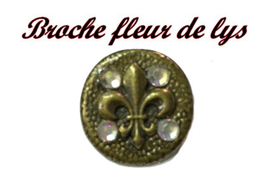 Bouton Broche Motif Fleur Lys En Métal Bronze En T.22 mm Orné De Strass  Pour Customisations Et Décorations