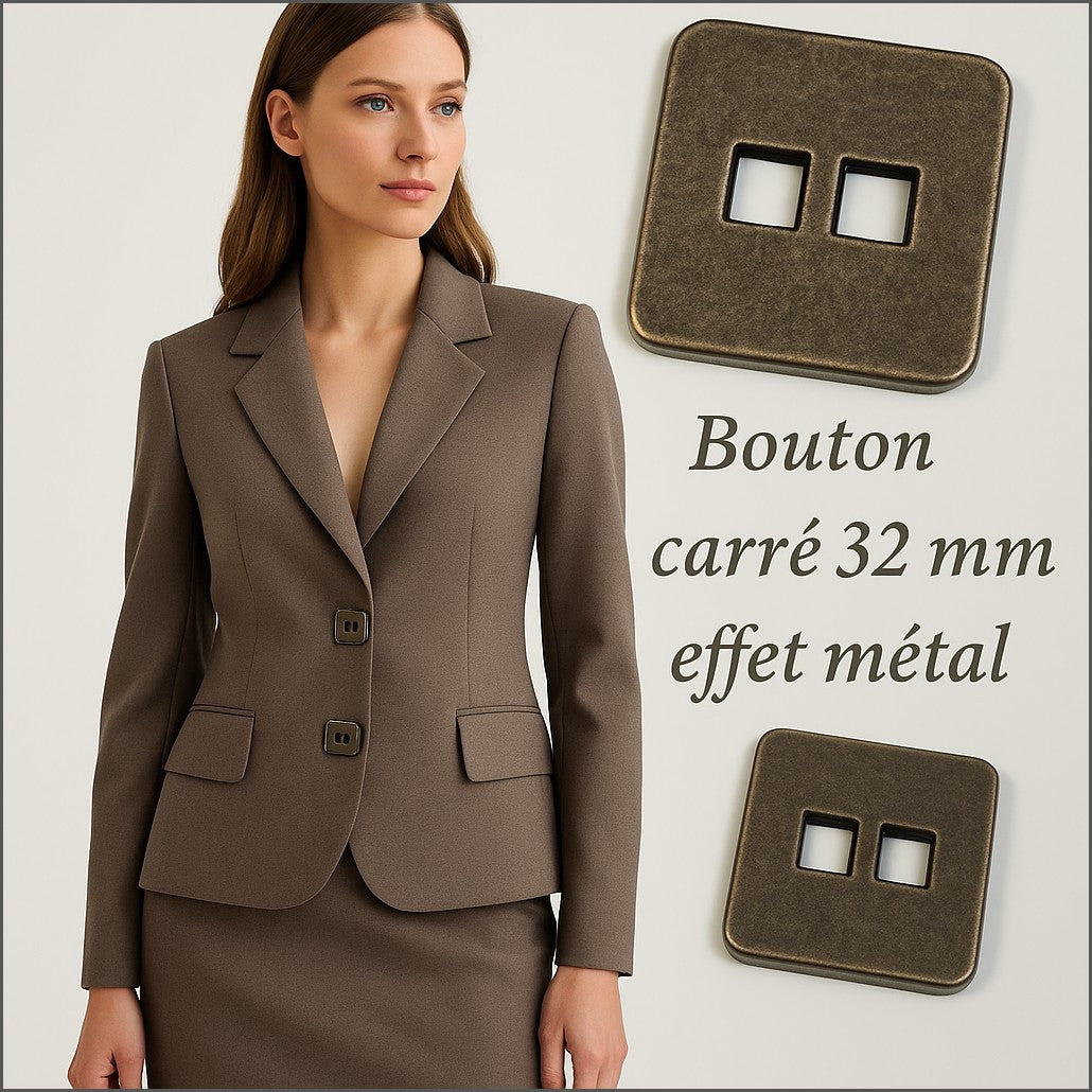 Bouton carré 32 mm effet métal Bronze– 2 trous rectangulaires–  Chic, moderne et résistant pour couture