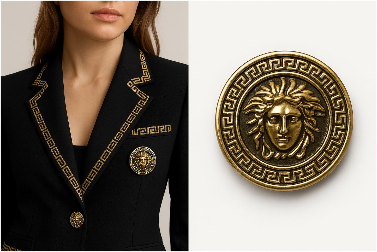 Bouton doré style Versace – Méduse Grecque 27 mm
