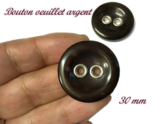 2 Holes Sewing Button with Eyelets Silver in Brown in Size 30mm for Jackets Coats and Suits.