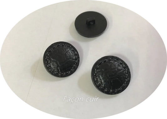 Black faux leather button, 22 mm diameter, to sew on, leather-style button with shank