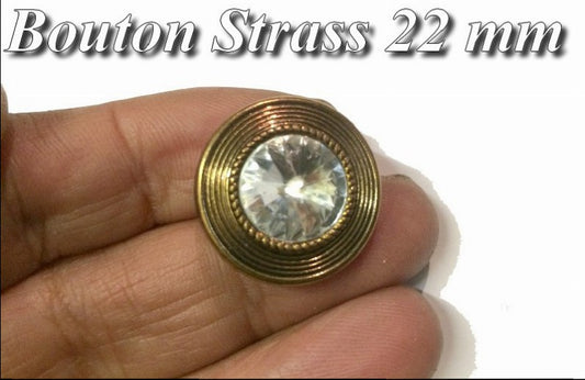 Bouton Strass Cristal A Facette en Taille 22 mm Cerlé Doré Bronze Or à Coudre.