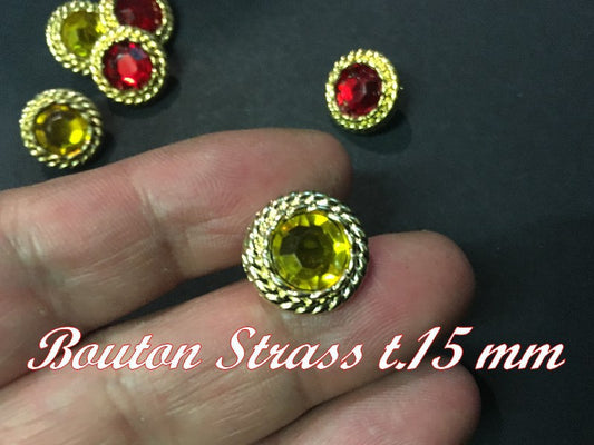 Bouton Strass Jaune A Facette en Taille 15 mm Cerlé Doré Or à Coudre.