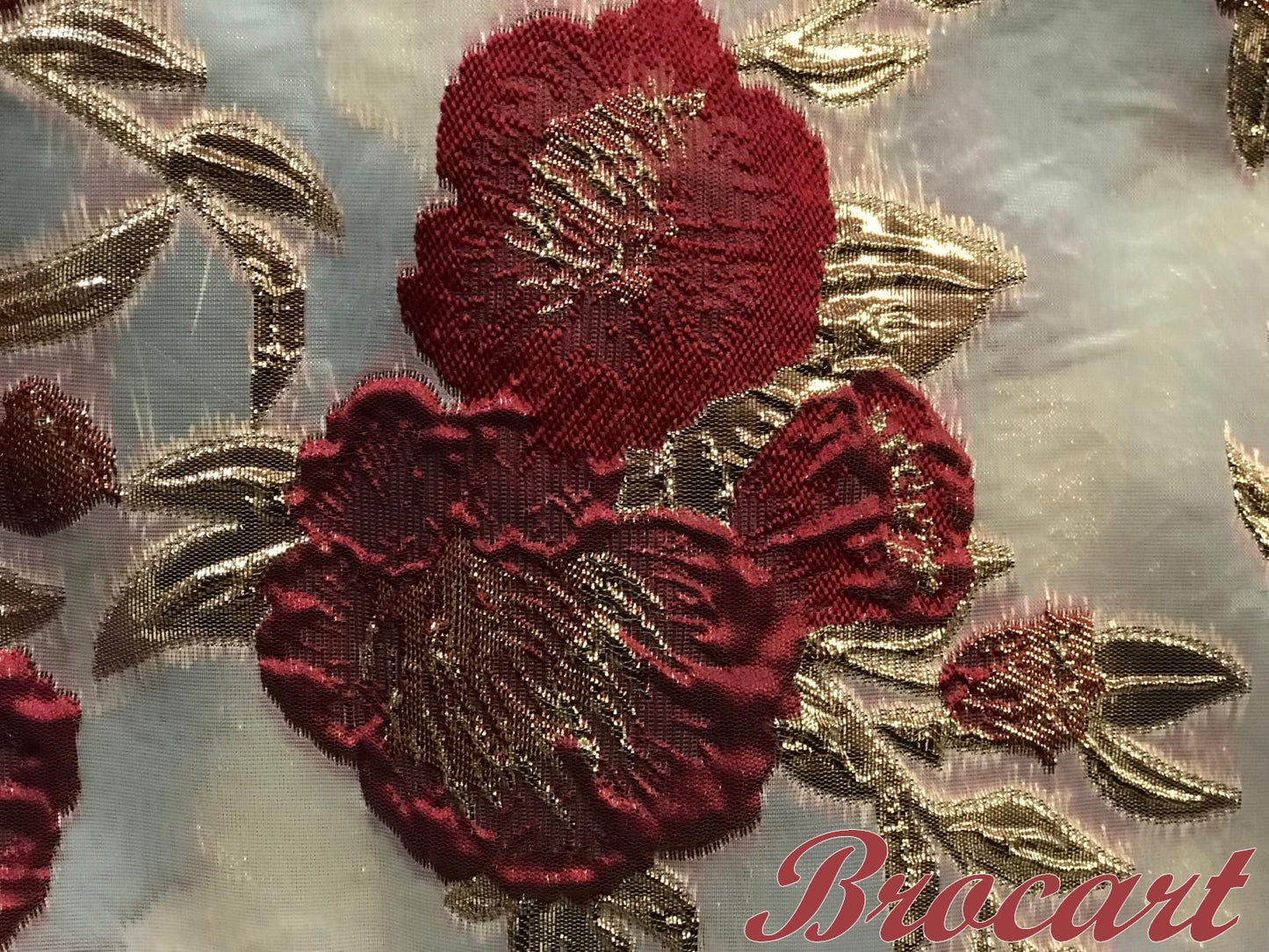 Luxury Brocade by the Meter in Burgundy Floral and Gold Leaf Patterns, ideal for Dresses, Suits and Caftans.