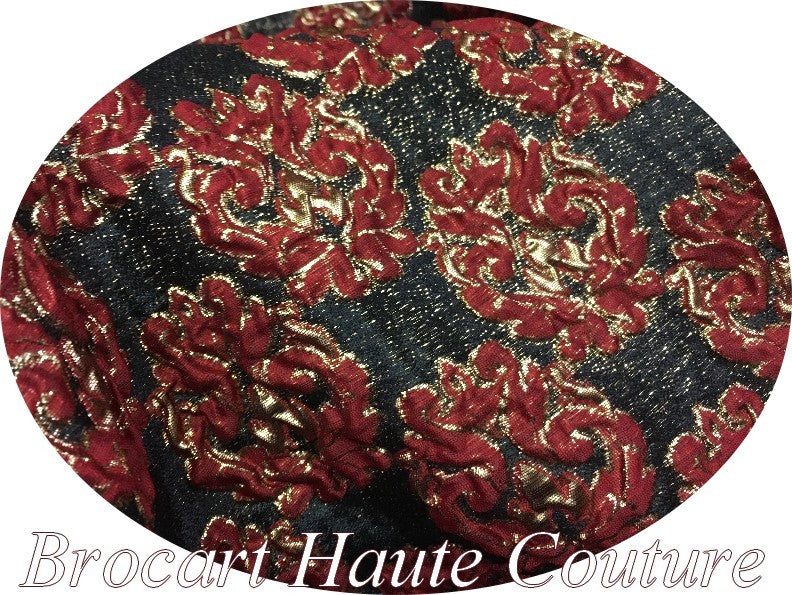 Couture Brocade in Flocked Flower Patterns in Red and Gold for Dresses, Suits and Caftans.