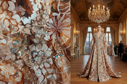 "Brocart perlé cuivré et or avec broderies artisanales perles et sequins irisés – tissu haute couture jacquard floral 145 cm vendu au mètre"
Copper and gold pearl brocade with handcrafted pearl and iridescent sequin embroidery – haute couture floral jacquard fabric 145 cm sold by the meter"