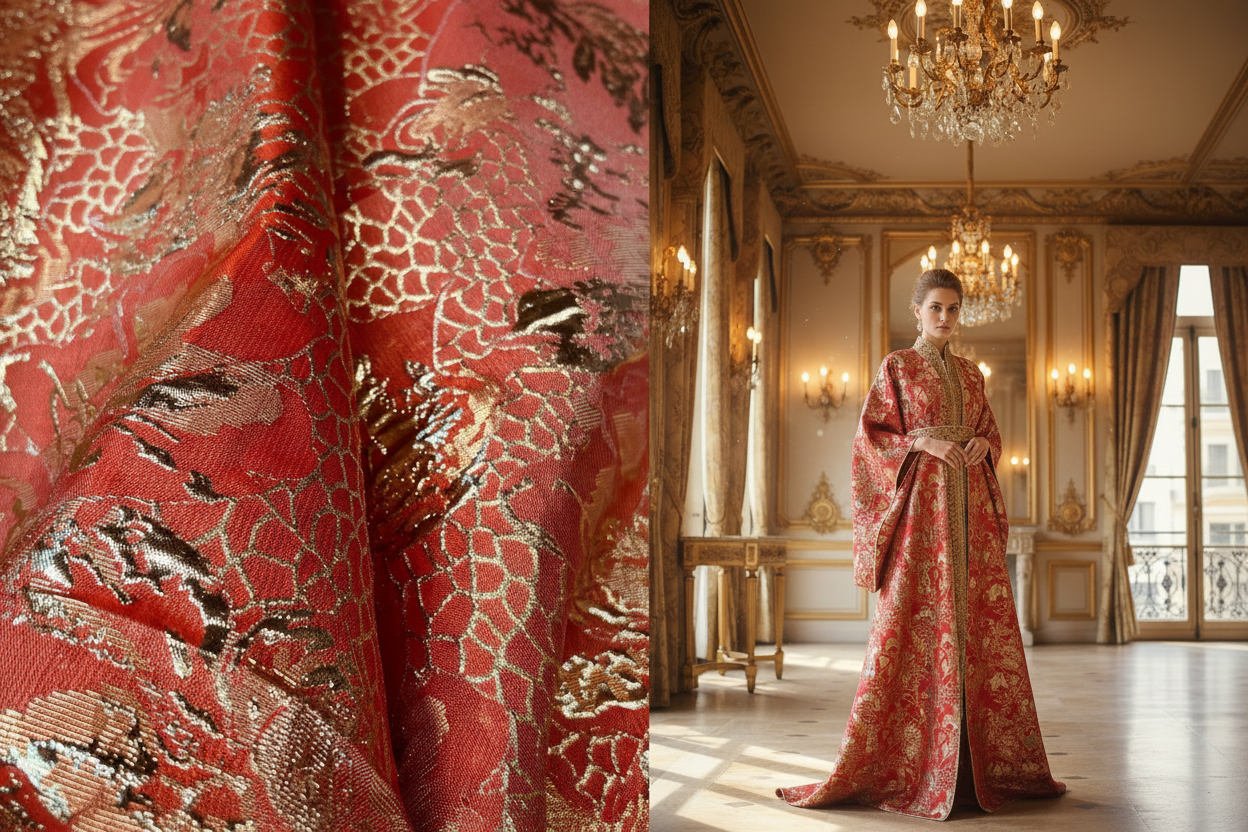 "Brocart jacquard rouge et or double face – motifs floraux dorés en relief – tissu haute couture 145 cm vendu au mètre" "Red and gold double-sided jacquard brocade with raised golden floral patterns – haute couture fabric 145 cm sold by the meter"

