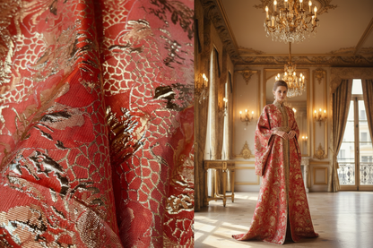 "Brocart jacquard rouge et or double face – motifs floraux dorés en relief – tissu haute couture 145 cm vendu au mètre" "Red and gold double-sided jacquard brocade with raised golden floral patterns – haute couture fabric 145 cm sold by the meter"
