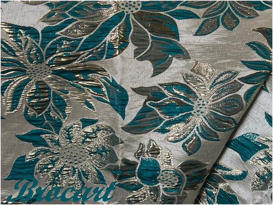 Brocart Vert Canard Sur Fond Beige Orné de fleurs doré or Au Mètre De Luxe, idéal Pour Robes, Tailleurs Et Caftans.