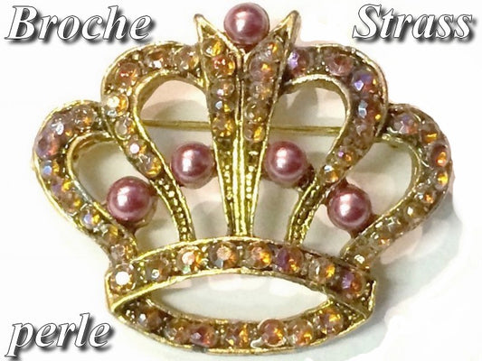 Broche Corona en Pedrería y Perlas Rosas y Personalizaciones.