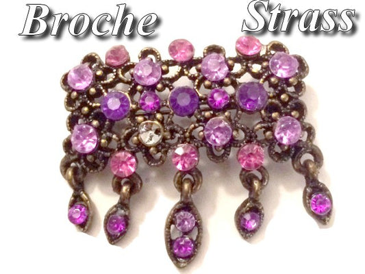 Purple and Fuchsia Rhinestone Brooch on a Bronze Backing for Customizations.