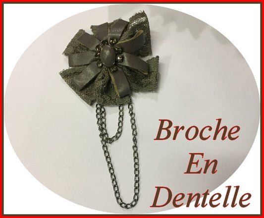Khaki Leather and Lace Brooch Adorned with Silver Chain for Decoration and Customization