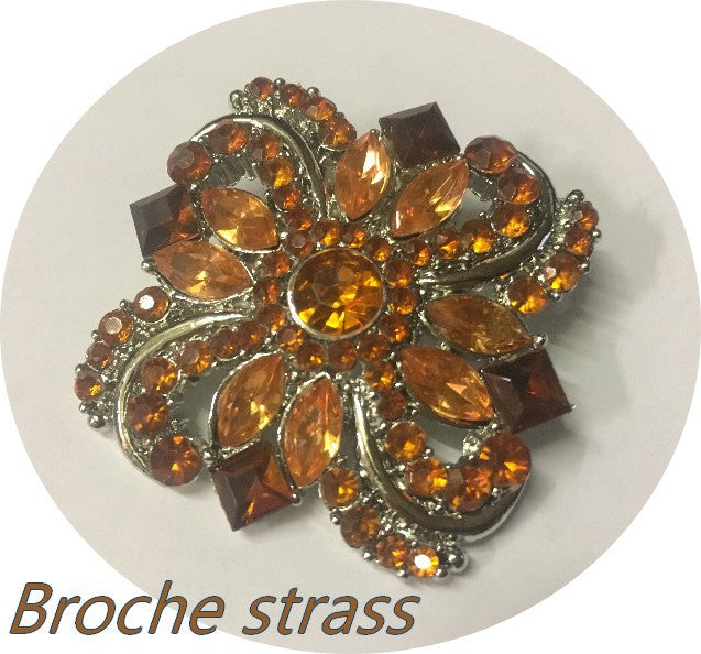 Orange Rhinestone Brooch for Ladies' Dresses on a Silver Backing for Customizations.