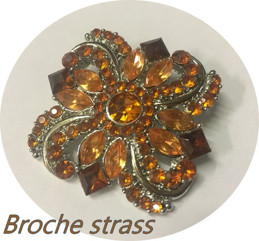 Orange Rhinestone Brooch for Ladies' Dresses on a Silver Backing for Customizations.