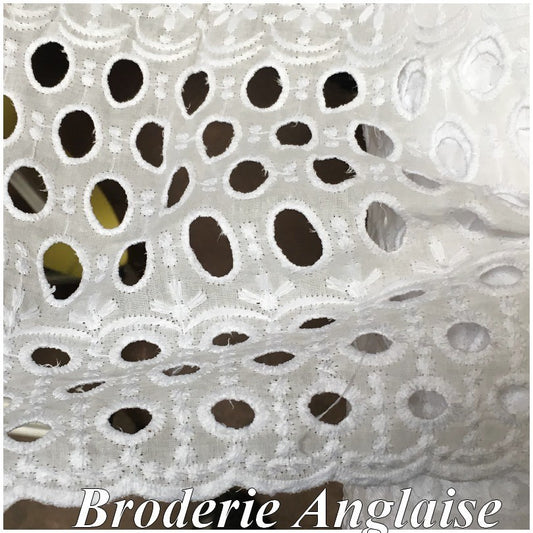 White English Embroidery in Openwork Cotton Fabric by the Meter in Large Width