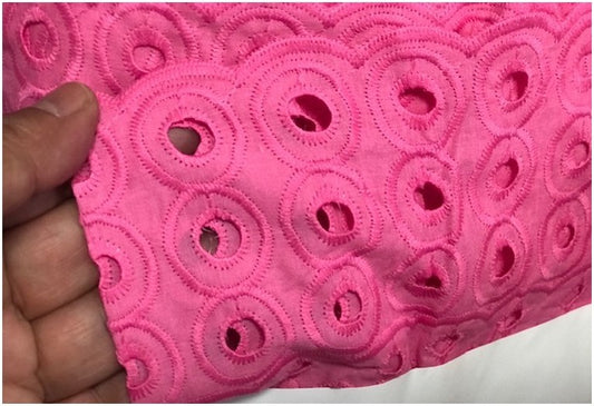 Fuschia English Embroidery in Openwork Cotton Fabric by the Meter in Large Width