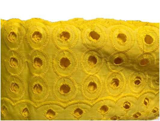 Yellow English Embroidery in Openwork Cotton Fabric by the Meter in Large Width