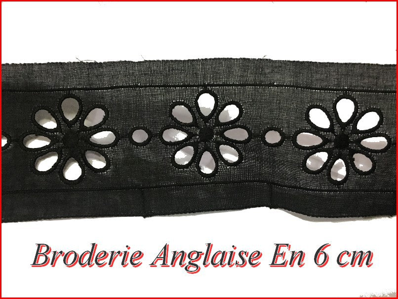 English Embroidery Black Cotton by the Meter in 6 cm to Sew.