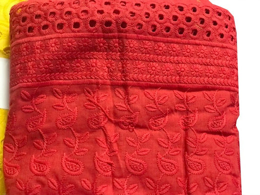Red English Embroidery in Embroidered Cotton Fabric by the Meter in Large Width