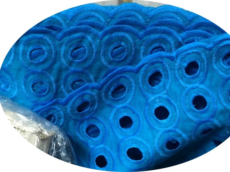 Turquoise English Embroidery in Openwork Cotton Fabric by the Meter in Large Width