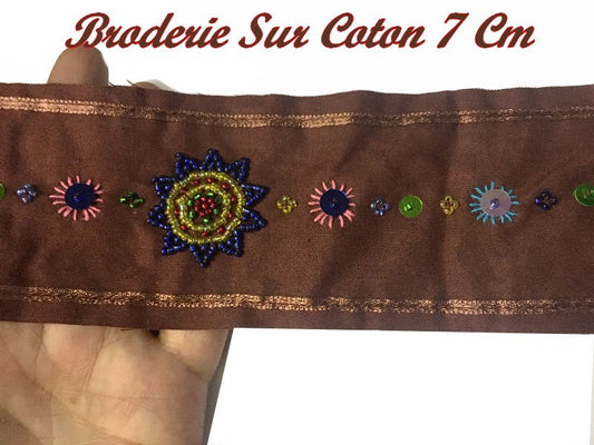 Beaded Embroidery on Cotton Fabric by the Meter in 7 cm Rust Brick Color for Decorations and Creative Hobbies.