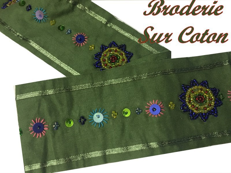 Beaded Embroidery on Cotton Fabric by the Meter in 7 cm Lime Green for Decorations and Creative Hobbies.