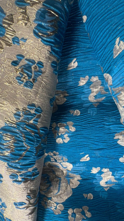 Brocart Floral Turquoise et Doré - Tissu Jacquard Luxe 145 cm
