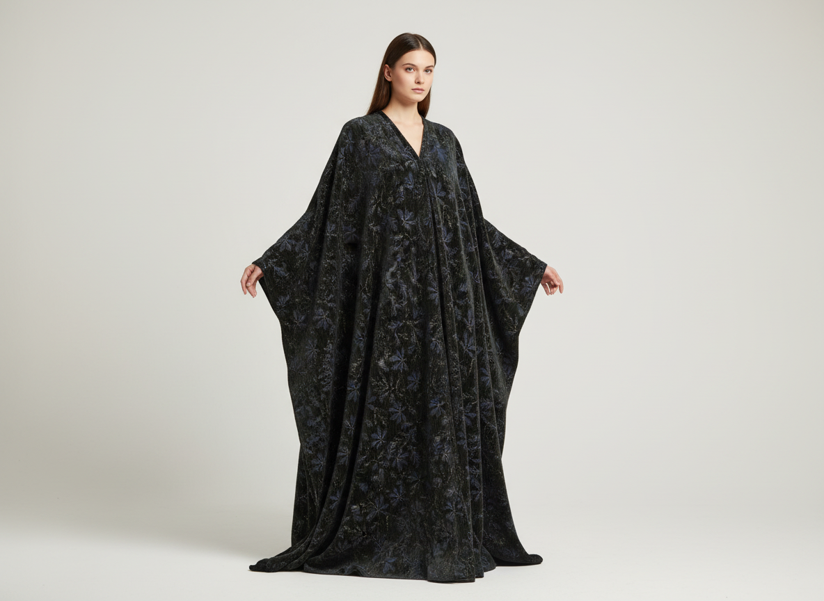 Velours Imprimé Noir et Bleu Marine 145 cm - Motif Floral Jacquard - Haute Couture