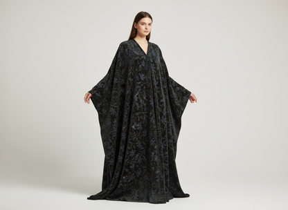 Velours Imprimé Noir et Bleu Marine 145 cm - Motif Floral Jacquard - Haute Couture