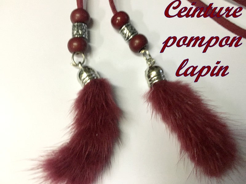 Burgundy Suede Lace Belt with Rabbit Pompom in 150 cm Length for Decorations and Clothing Customizations