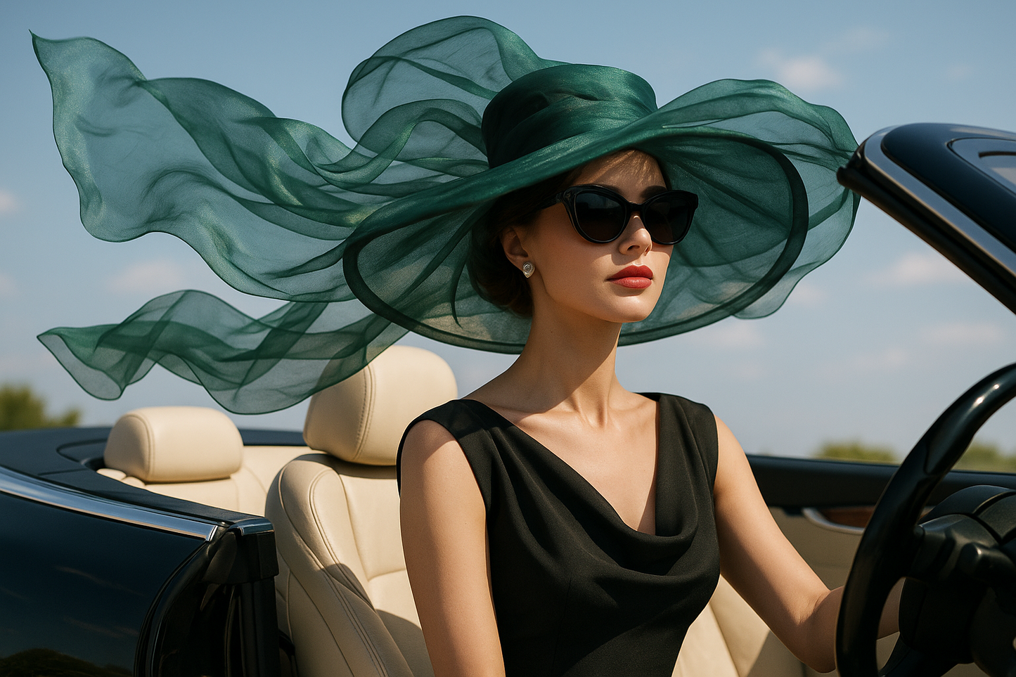 scène élégante et glamour avec un magnifique chapeau à large bord en organza de soie vert émeraude qui flotte au vent dans une voiture décapotable de luxe. Cette image illustre parfaitement le côté chic et sophistiqué de notre tissu pour des accessoires de mode haut de gamme !