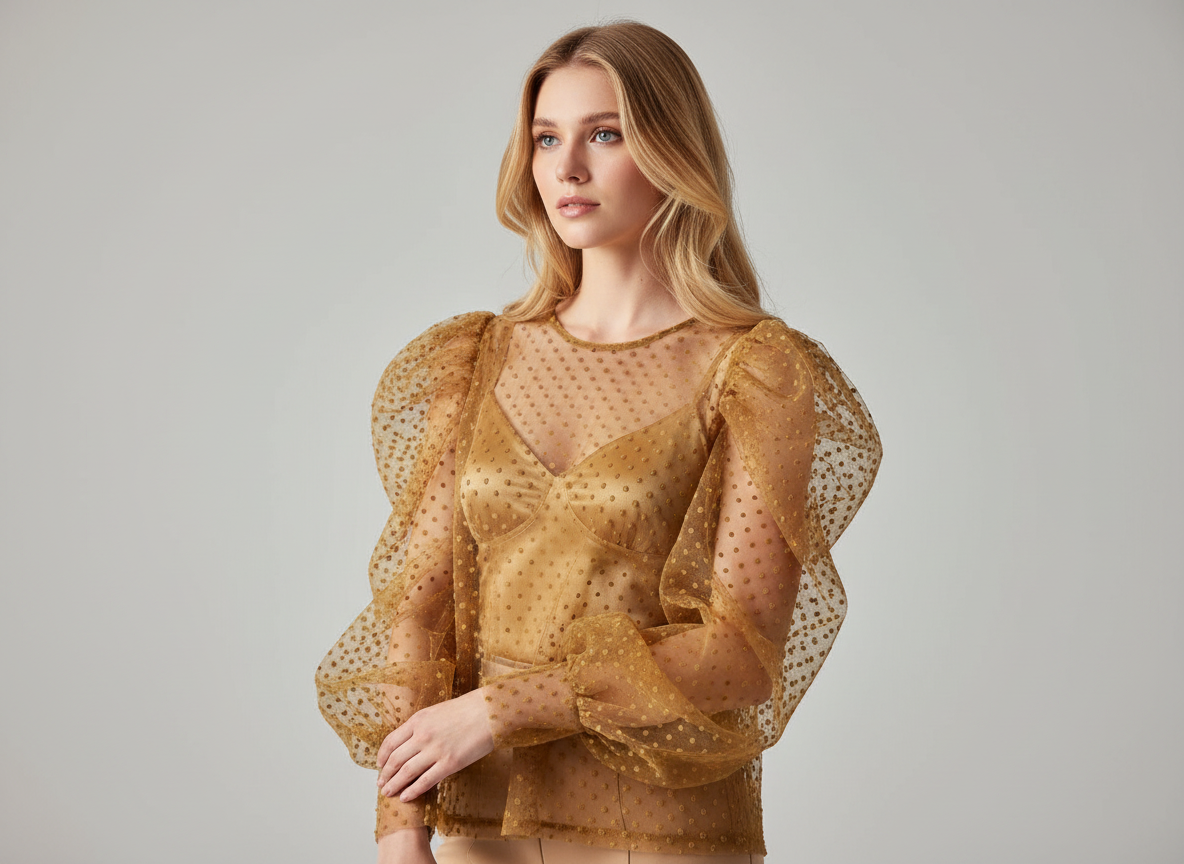 Tulle Plumetis Moutarde 145 cm - Pois Brodés Dorés - Non Extensible Premium
