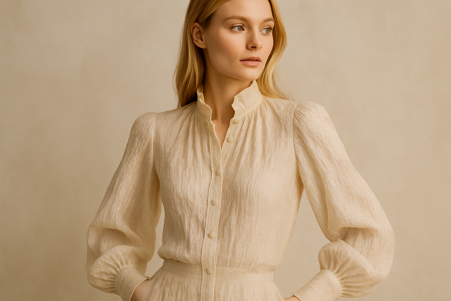 chemisier élégant et raffiné qui met en valeur la texture unique et la légèreté du gaz de soie froissée écru
