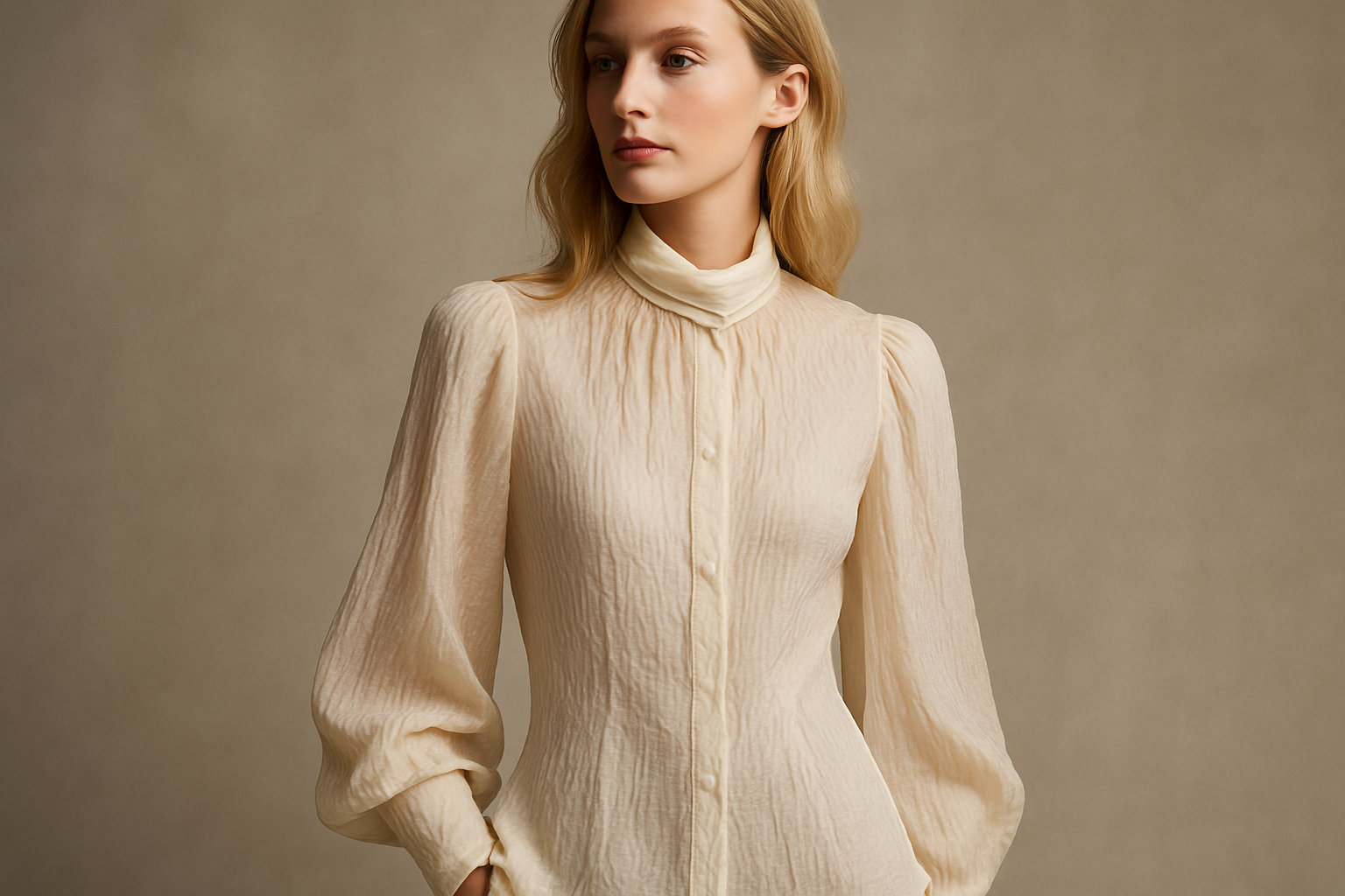 chemisier haute couture créé avec notre tissu gaz de soie froissée écru :