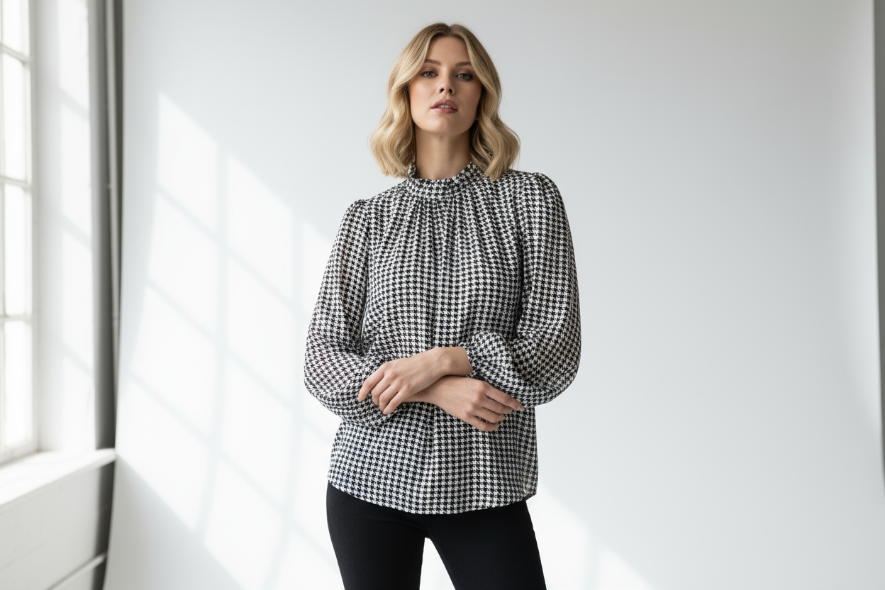 Chemisier pied-de-poule sur blonde