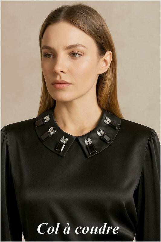 Sew-on satin applique collar decorated with rhinestones