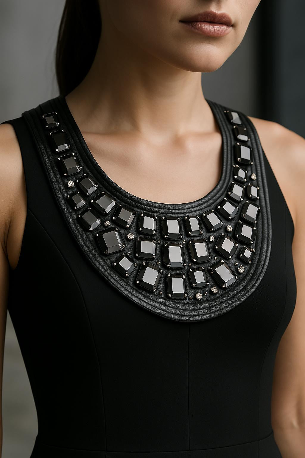 Col Bijou Simili Cuir Noir – Strass Géométriques Effet Miroir