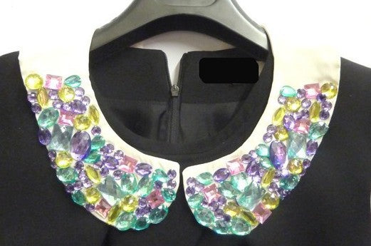 Peter Pan Collar in Ecru Satin to sew, Decorated with Multicolored Rhinestones