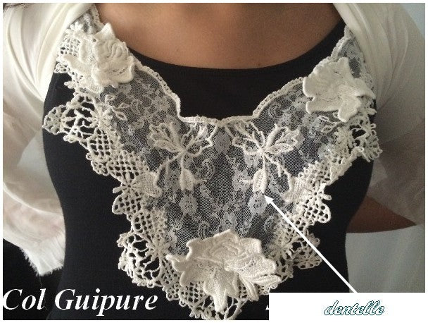 Lace and Guipure Collar in White Flower Patterns on Mesh to Sew