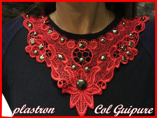 Red Lace Guipure Collar with Studs for Customizations.