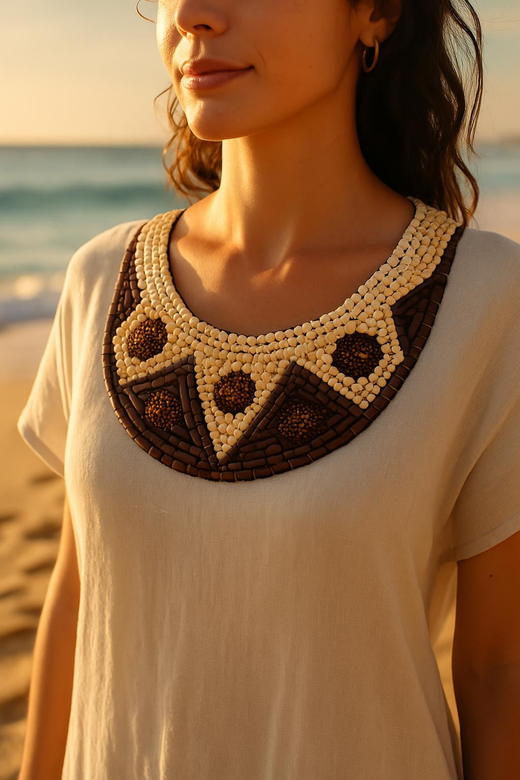 Wooden beaded collar to sew on – Ethnic design on black tulle