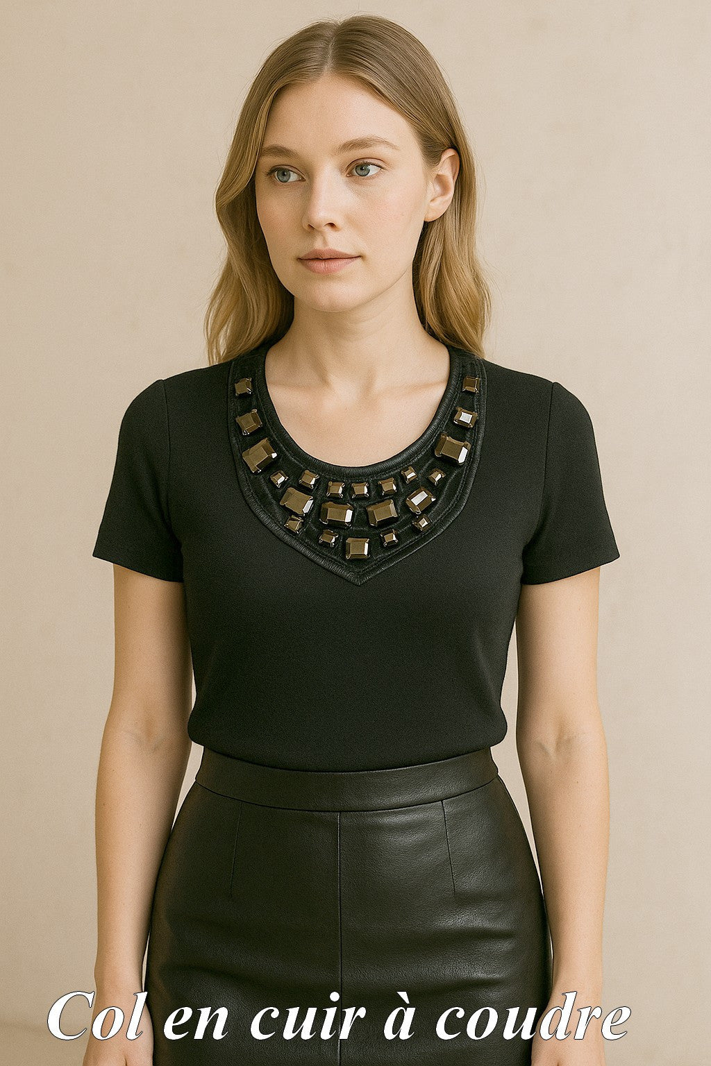 Black Leather Sew-On Breastplate Collar with Gunmetal Square Stone