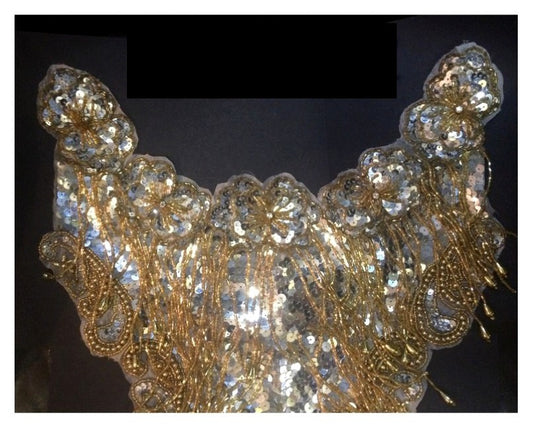 Sew-on Bib Collar in Silver Sequins and Gold Beads with Gold Fringes