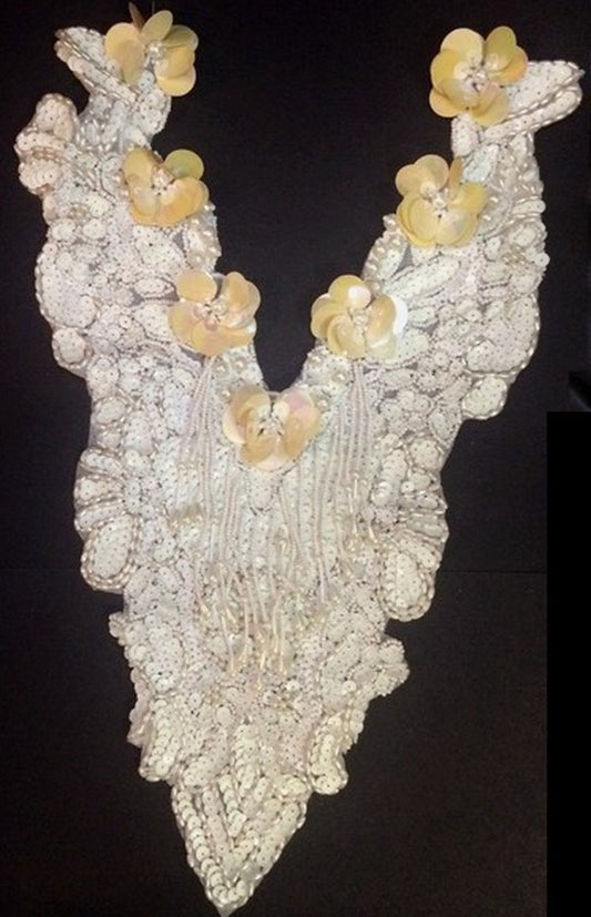 Bib collar Applique to sew in white sequin and iridescent ecru charm